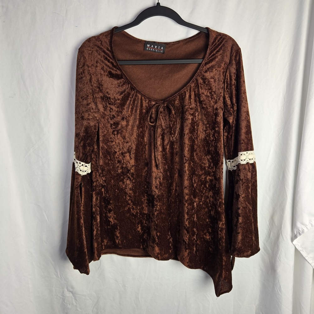 Vintage Y2K Brown Velour Tie‎ Neck Maria Gabrielle Asymmetrical Hem Shirt Fairy